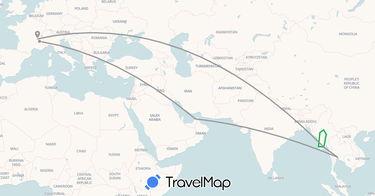 TravelMap itinerary: bus, plane in United Arab Emirates, France, Myanmar (Burma), Thailand (Asia, Europe)